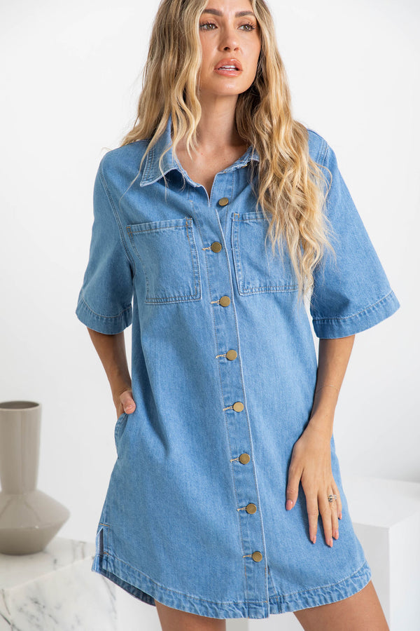 Tallow Relaxed-Fit Denim Mini Dress - Light Wash - The Self Styler