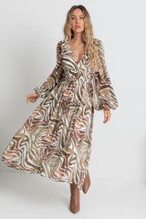 Solana Midi Dress - Khaki Zebra Print - The Self Styler