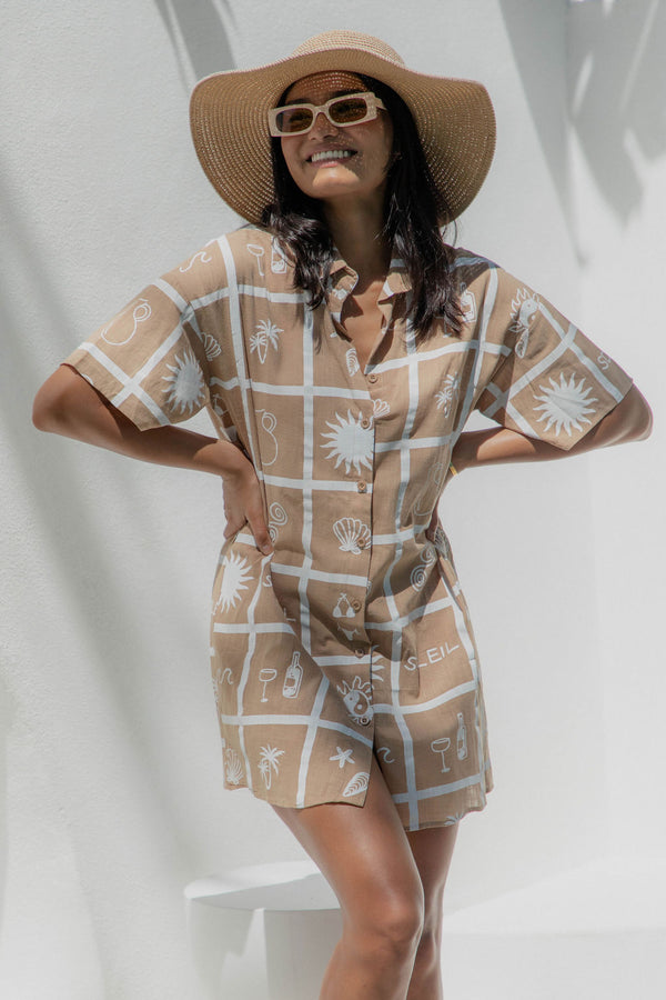 Kristin Shirt Dress - Beach Soleil Print - Tan and White - The Self Styler