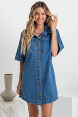 Tallow Relaxed-Fit Denim Mini Dress - Dark Blue Wash - The Self Styler