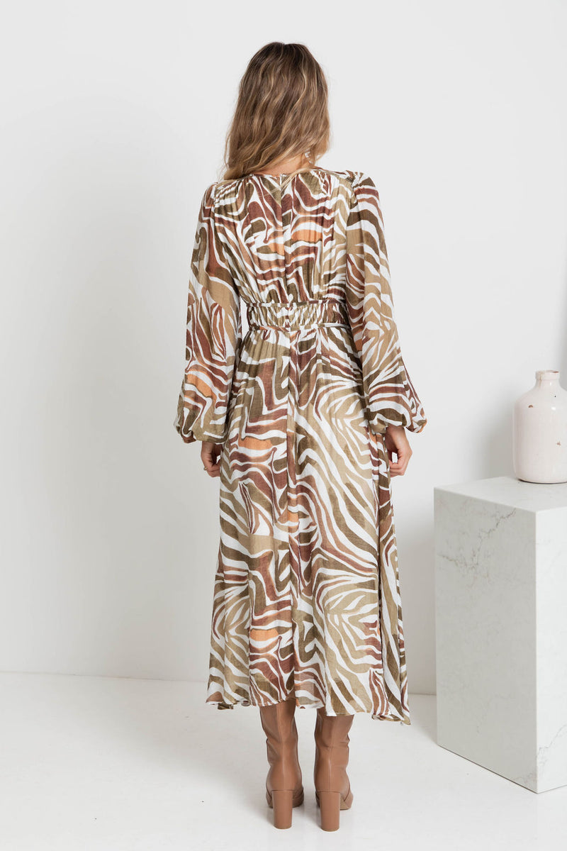 Solana Midi Dress - Khaki Zebra Print - The Self Styler