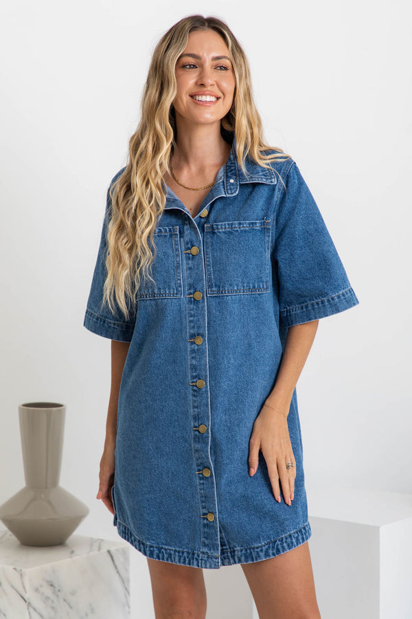 Tallow Relaxed-Fit Denim Mini Dress - Dark Blue Wash - The Self Styler