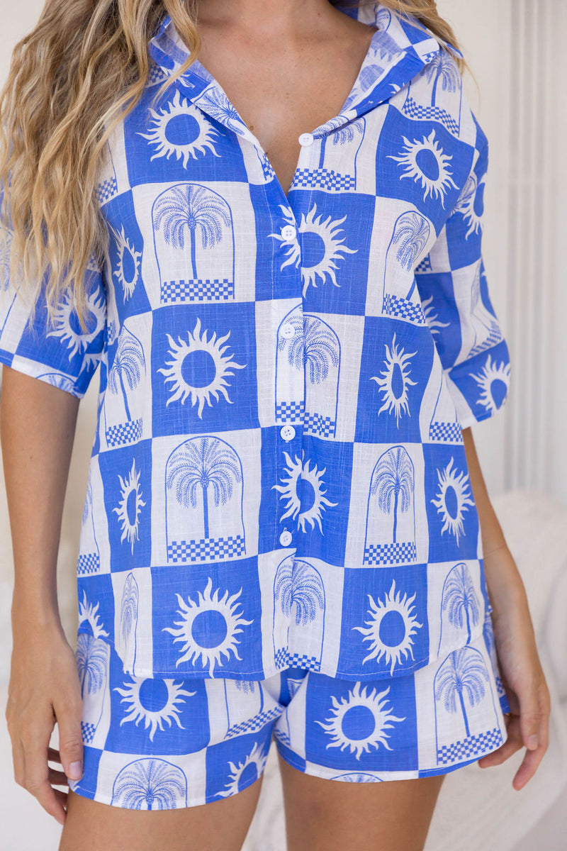 Sol Cotton Shirt - Palm Check Print - Blue - The Self Styler