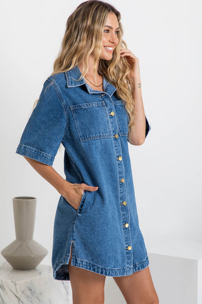 Tallow Relaxed-Fit Denim Mini Dress - Dark Blue Wash - The Self Styler