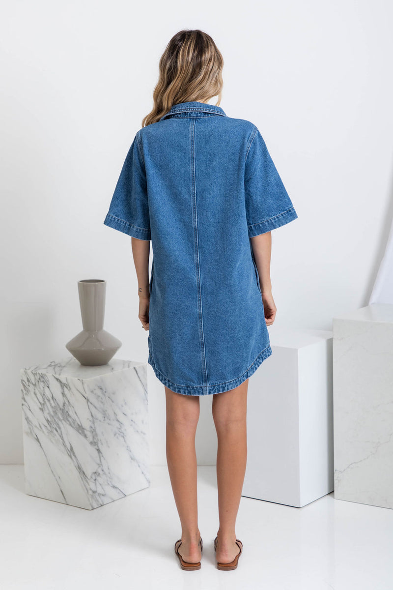 Tallow Relaxed-Fit Denim Mini Dress - Dark Blue Wash - The Self Styler