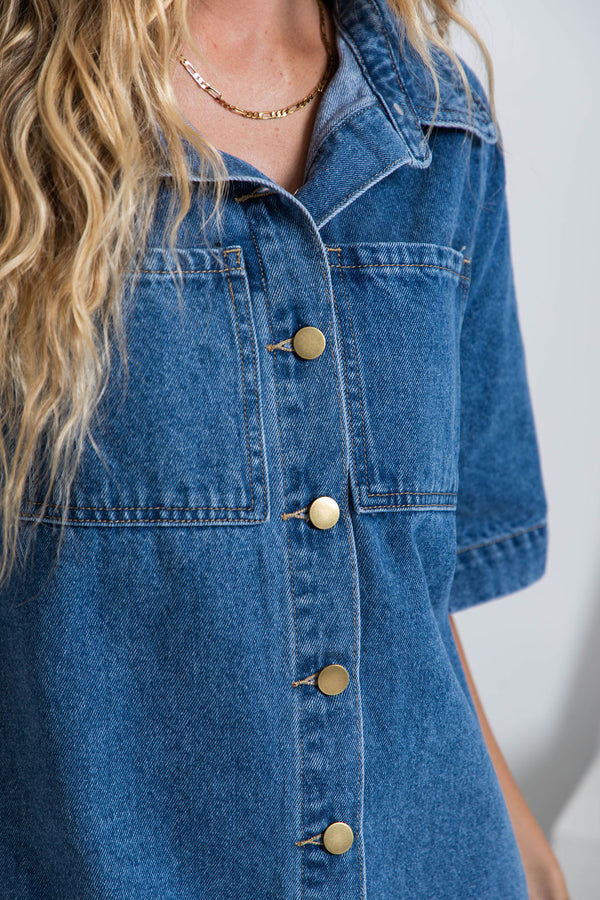 Tallow Relaxed-Fit Denim Mini Dress - Dark Blue Wash - The Self Styler