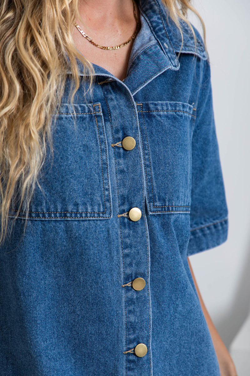 Tallow Relaxed-Fit Denim Mini Dress - Dark Blue Wash - The Self Styler