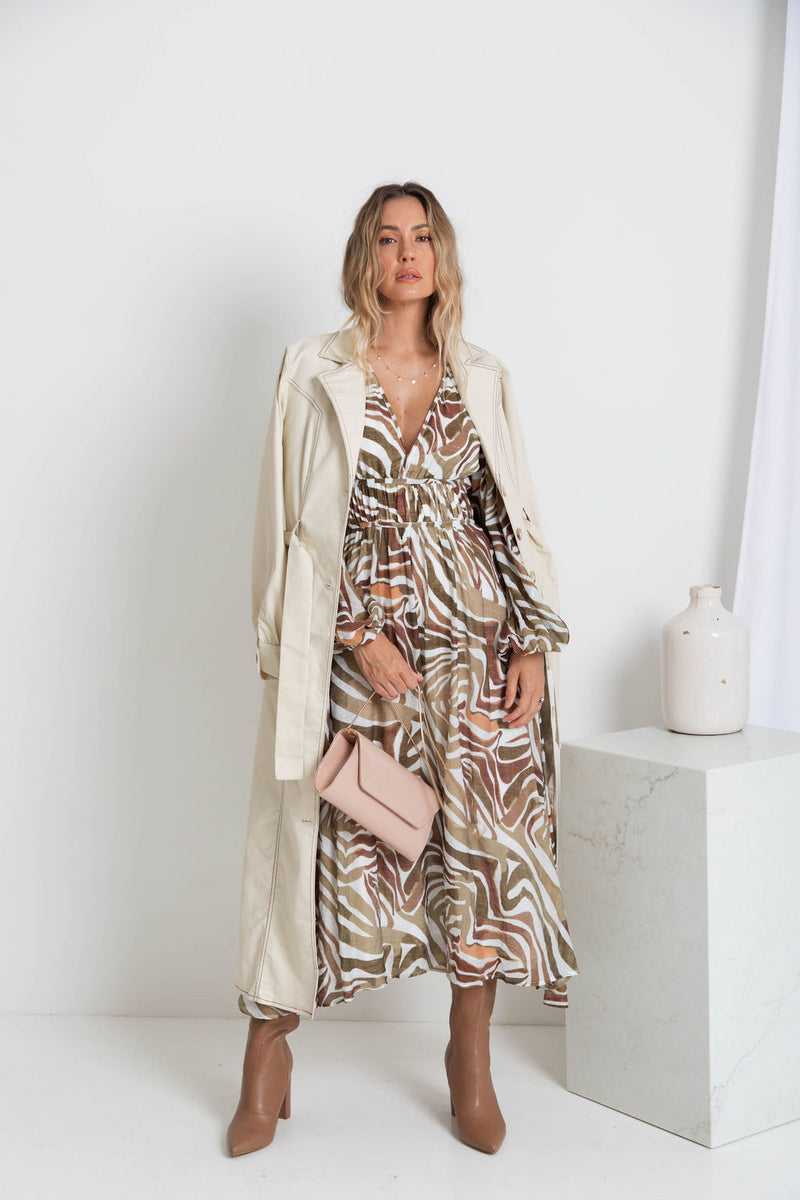 Solana Midi Dress - Khaki Zebra Print - The Self Styler