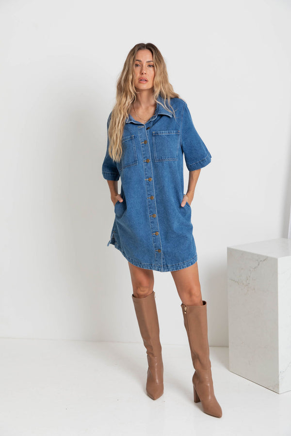Tallow Relaxed-Fit Denim Mini Dress - Dark Blue Wash - The Self Styler
