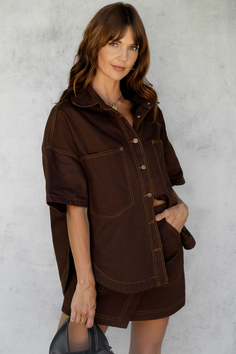 Juno Oversized Denim Shirt - Espresso - The Self Styler