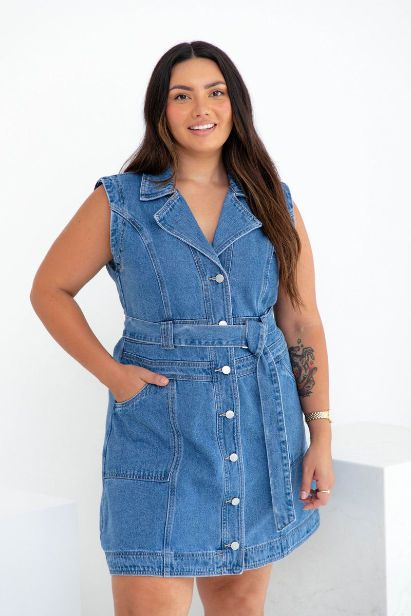 Giselle Denim Dress - Mid Blue Wash - The Self Styler - The Self Styler