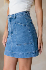 Heidi Denim Mini Skirt - Mid Blue Wash - The Self Styler - The Self Styler