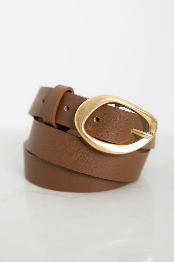 Olivia Leather Oval Buckle Belt - Tan