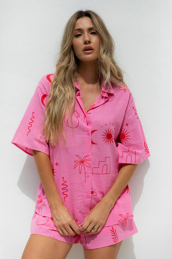 Romy Cotton Shirt - Pink Palm Print - The Self Styler