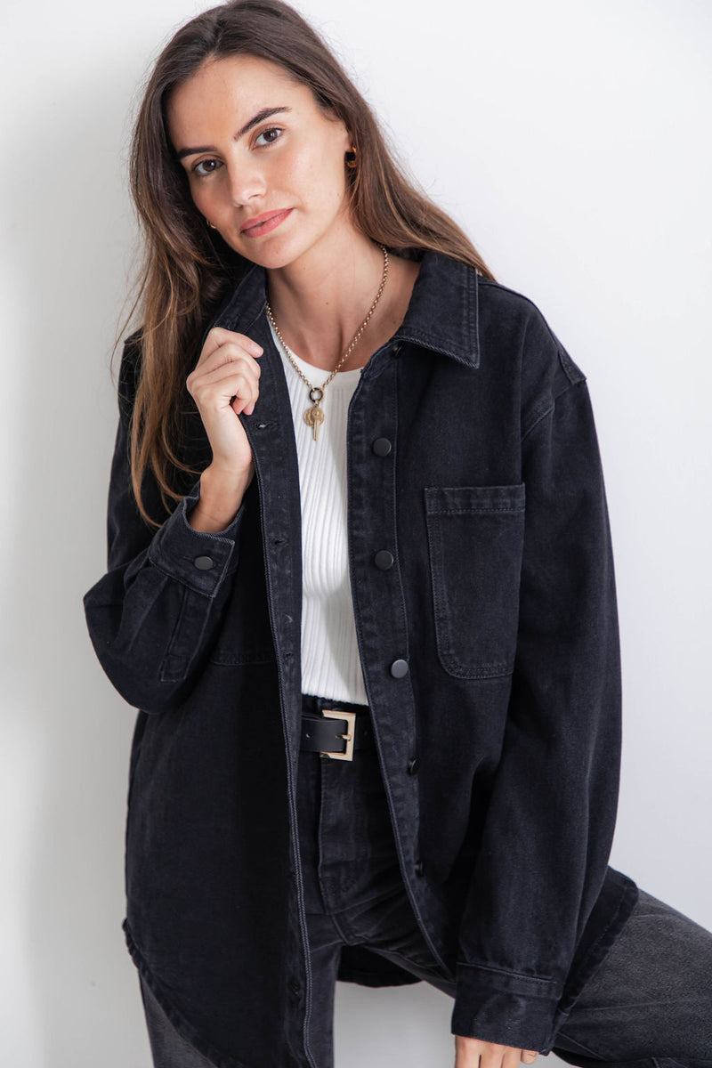 Phoenix Longline Relaxed Fit Denim Jacket Black Wash The Self Styl The Self Styler