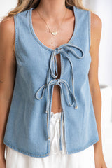 Tahnee Denim Tie Front Top - Light Wash - The Self Styler