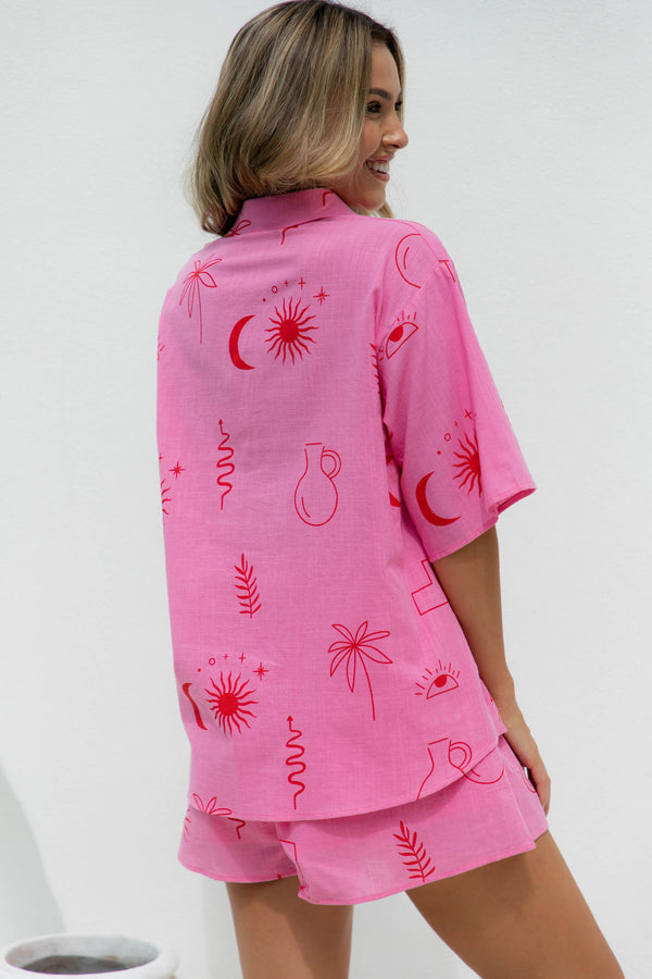 Romy Cotton Shirt - Pink Palm Print - The Self Styler