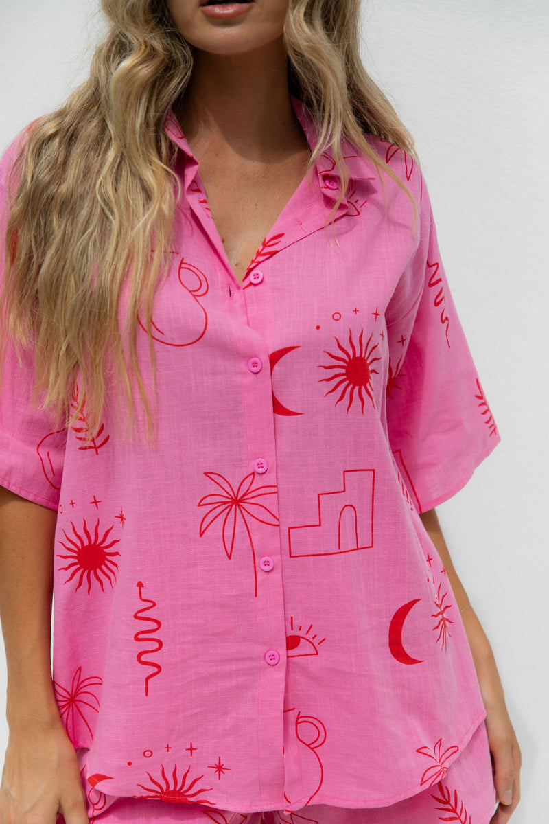 Romy Cotton Shirt - Pink Palm Print - The Self Styler