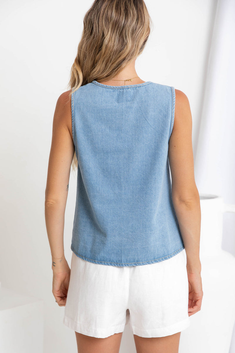 Tahnee Denim Tie Front Top - Light Wash - The Self Styler