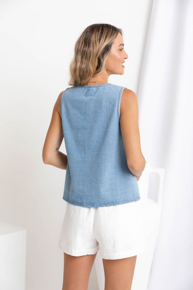 Tahnee Denim Tie Front Top - Light Wash - The Self Styler