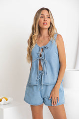 Tahnee Denim Tie Front Top - Light Wash - The Self Styler