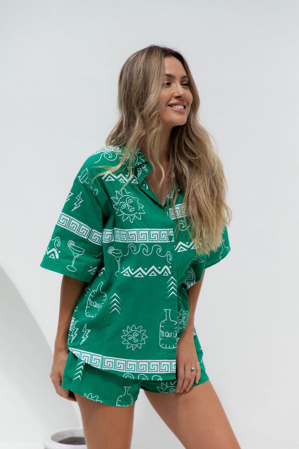 Raya Cotton Shirt - Green Greek Print - The Self Styler