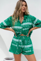 Zana Shorts - Green Greek Print - The Self Styler