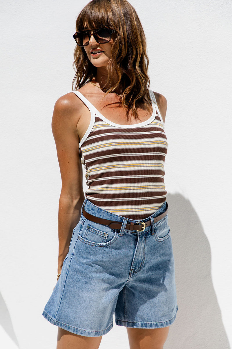 Elki Ribbed Tank Top - Choc Yellow Stripe - The Self Styler