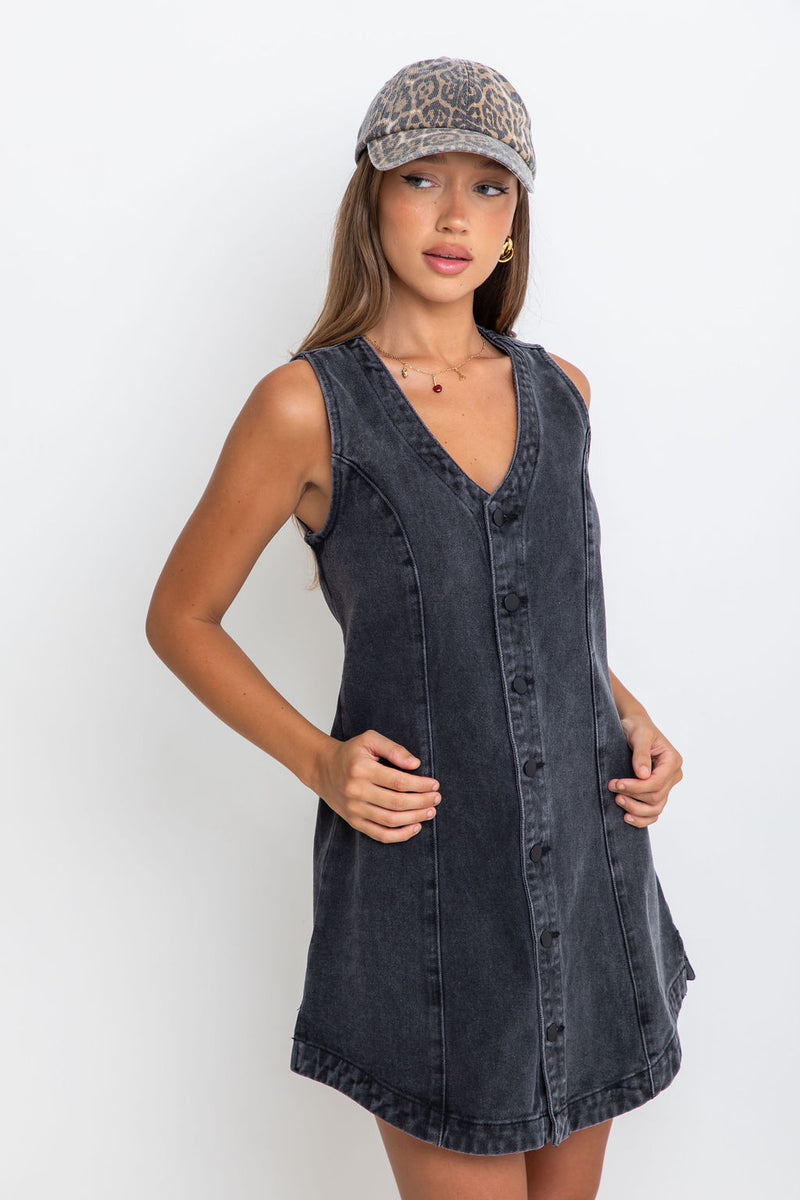 Mila Denim Mini Dress - Black - The Self Styler