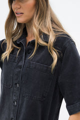Tallow Relaxed-Fit Denim Mini Dress - Black - The Self Styler