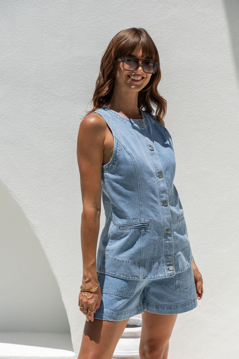 Fallon Denim Vest Top - Light Wash - The Self Styler