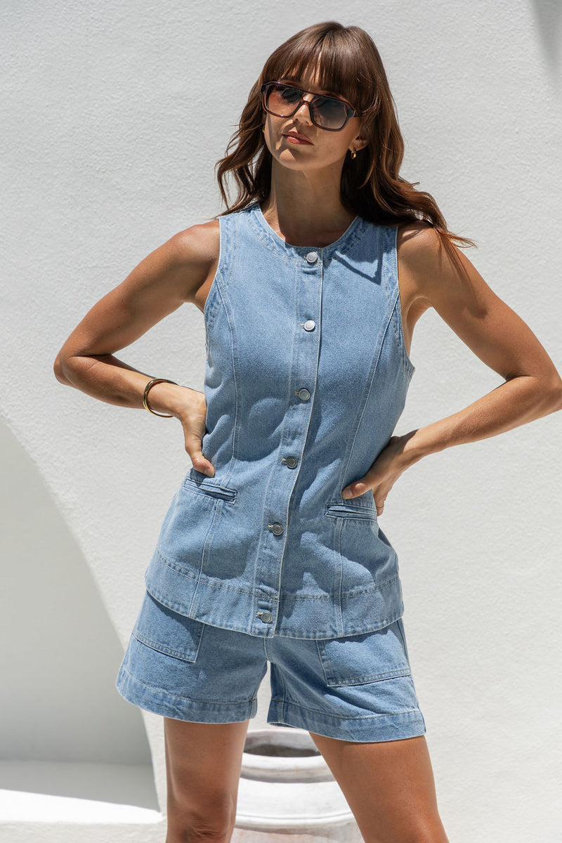 Fallon Denim Vest Top - Light Wash - The Self Styler
