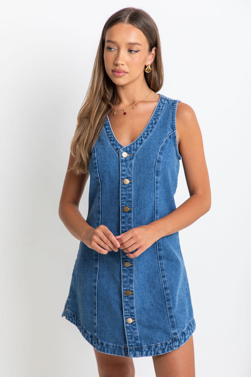 Mila Denim Mini Dress - Dark Wash - The Self Styler