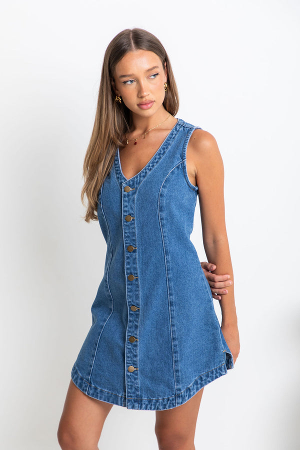 Mila Denim Mini Dress - Dark Wash - The Self Styler