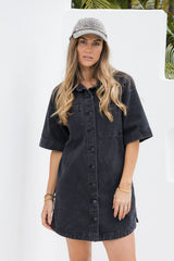 Tallow Relaxed-Fit Denim Mini Dress - Black - The Self Styler