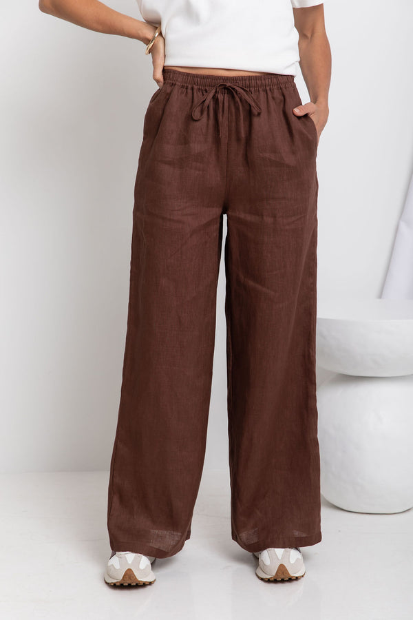 Tahlia Straight-Leg Linen Pants - Chocolate