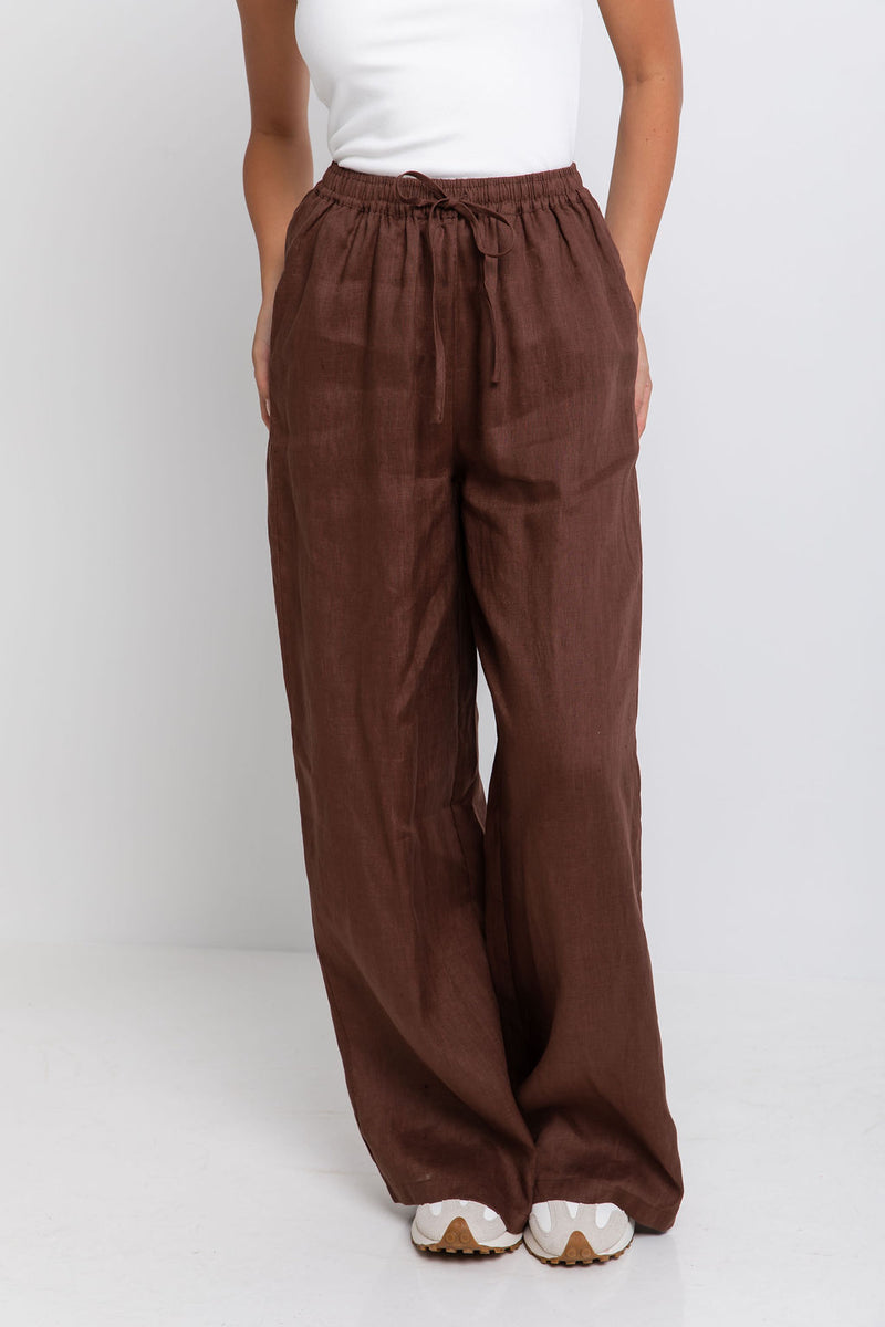 Tahlia Straight-Leg Linen Pants - Chocolate - The Self Styler
