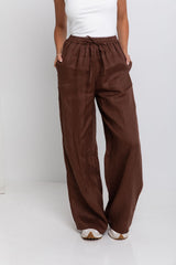 Tahlia Straight-Leg Linen Pants - Chocolate - The Self Styler