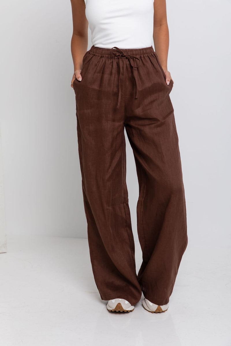 Tahlia Straight-Leg Linen Pants - Chocolate - The Self Styler