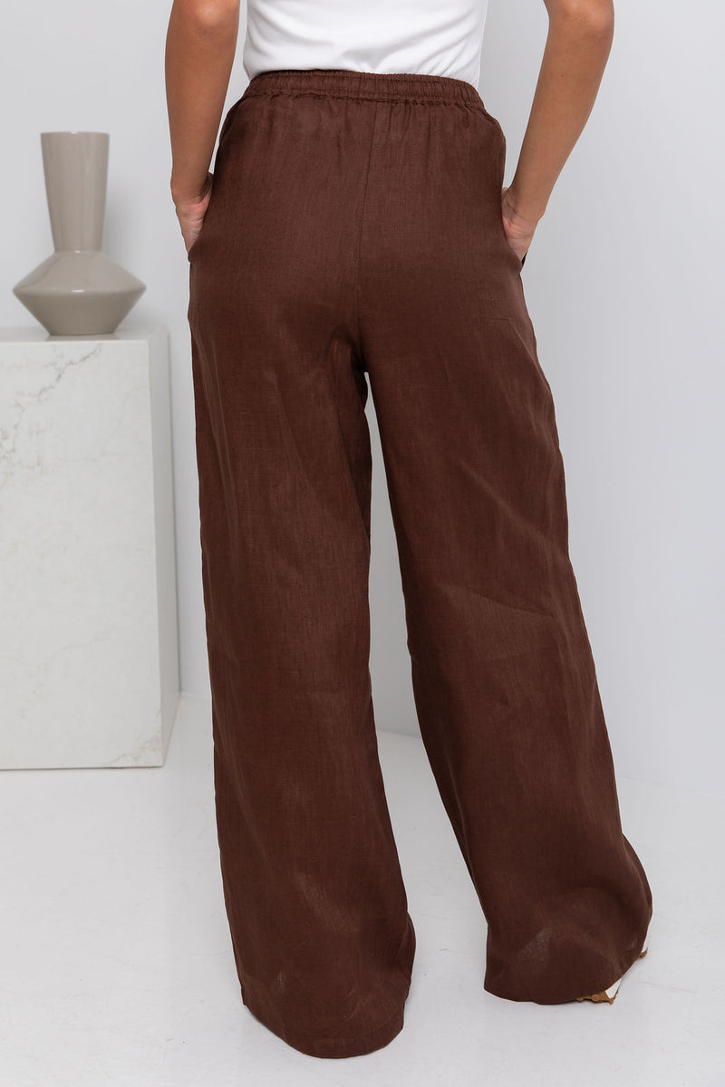 Tahlia Straight-Leg Linen Pants - Chocolate - The Self Styler
