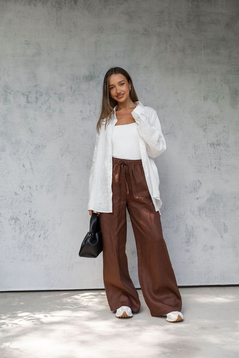 Tahlia Straight-Leg Linen Pants - Chocolate - The Self Styler