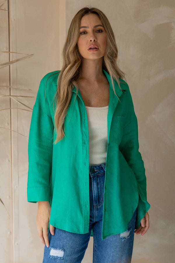 Kaia Linen Shirt - Jade Green - The Self Styler