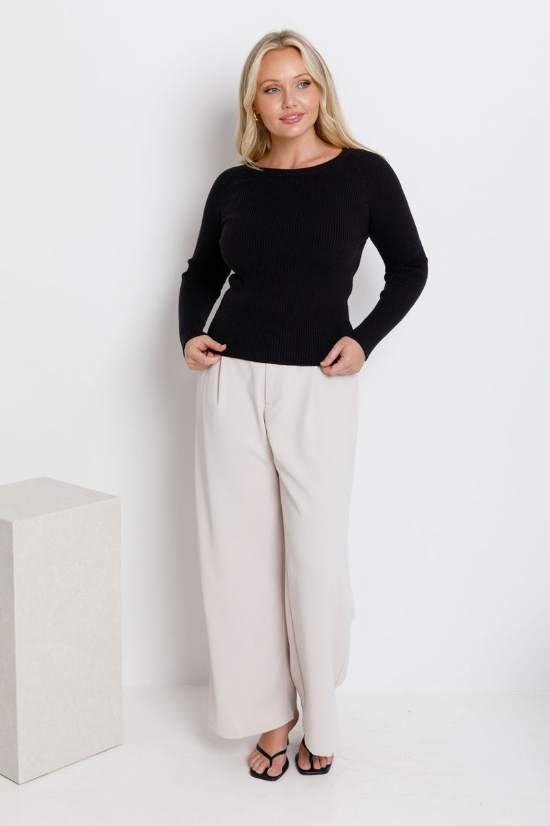 Autumn Long Sleeve Ribbed Knit Top - Black - The Self Styler