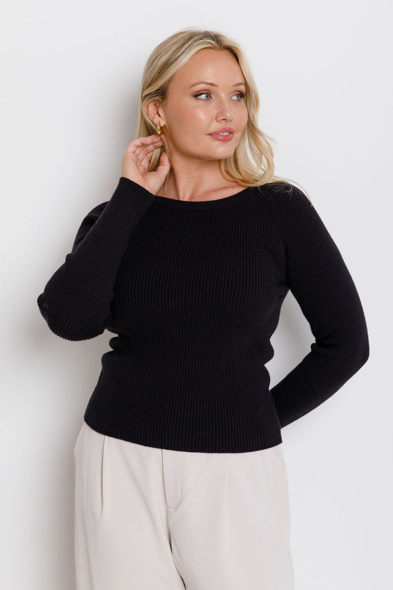 Autumn Long Sleeve Ribbed Knit Top - Black - The Self Styler
