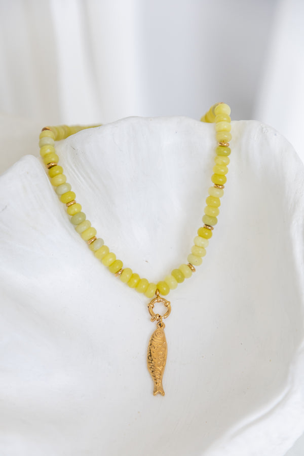 Cleo Fish Charm and Natural Stone Necklace - Gold - Suni and Sol