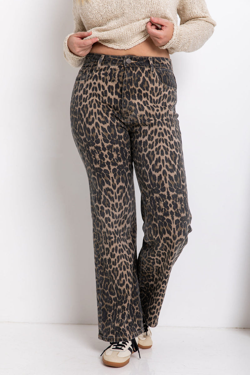 Remi High-Rise Wide-Leg Denim Jeans - Leopard Print - The Self Styler - The Self Styler