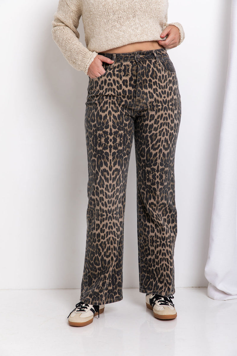 Remi High-Rise Wide-Leg Denim Jeans - Leopard Print - The Self Styler - The Self Styler