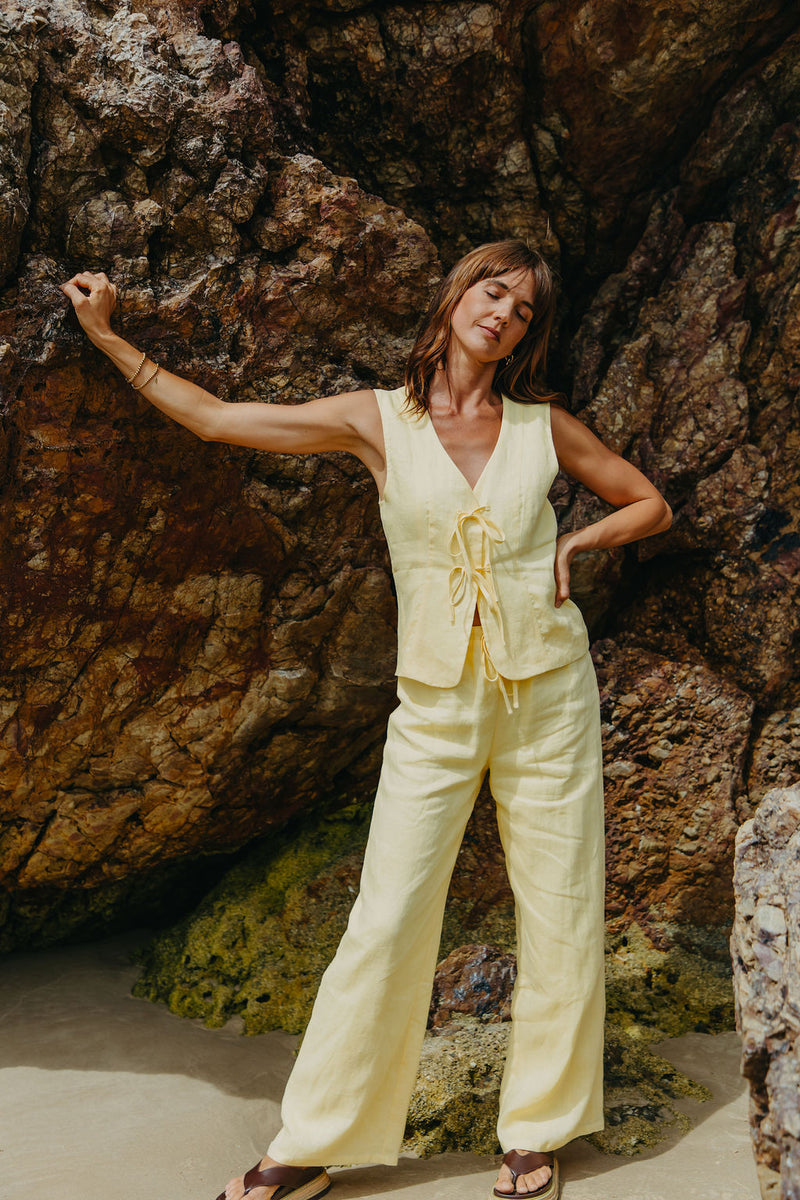 Ellie Tie-Up Linen Vest - Lemon - The Self Styler