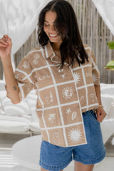 Teasha Cotton Shirt - Beach Soleil Print - Tan and White - The Self Styler