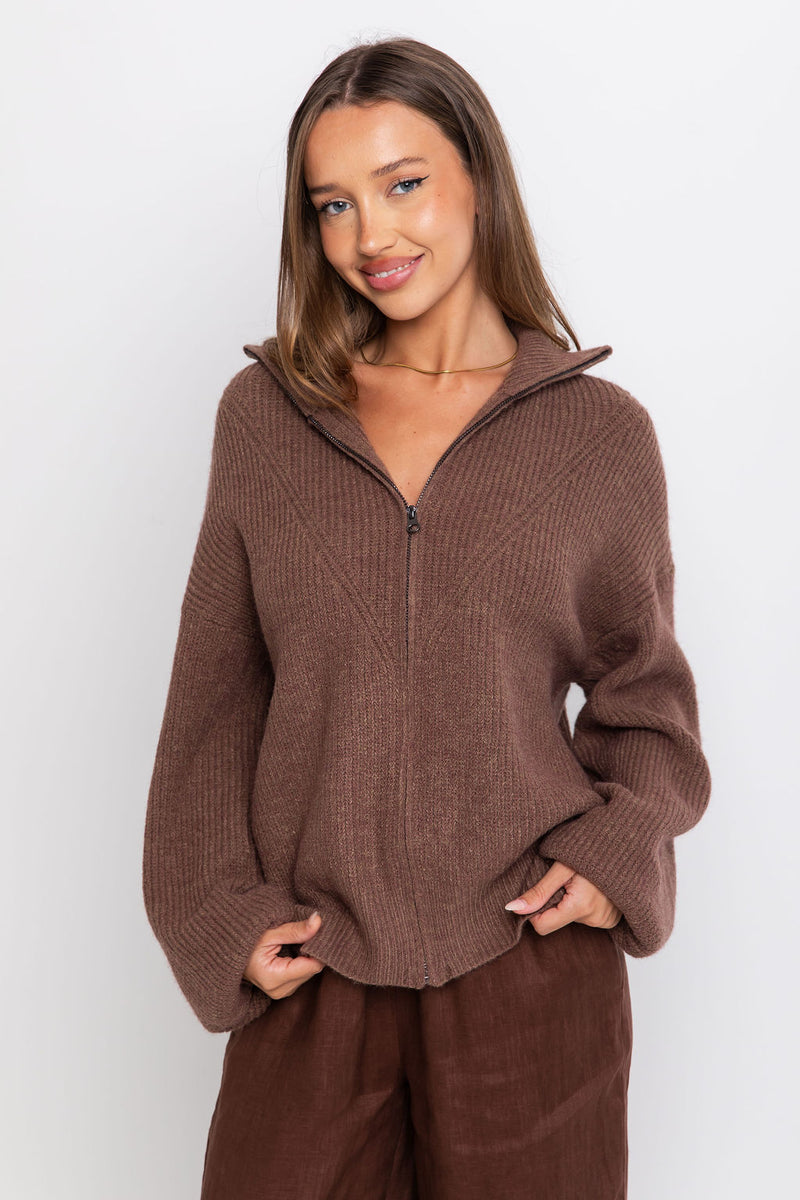 Hudson Zip Knit - Mocha Burgundy Marle - The Self Styler